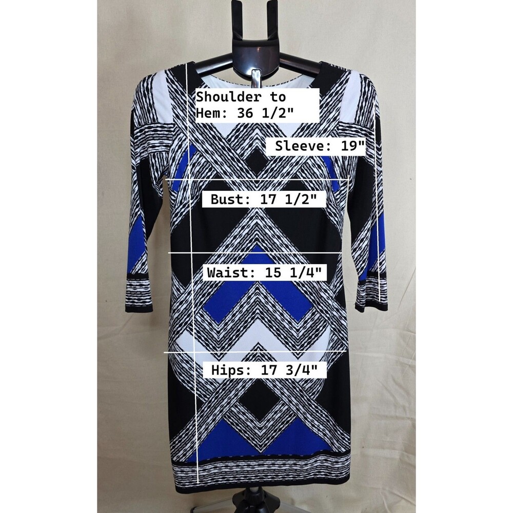 Vince Camuto Geometric Sheath Dress Size 4 Black White & Blue | Boat Neck Lined - Picture 3 of 13